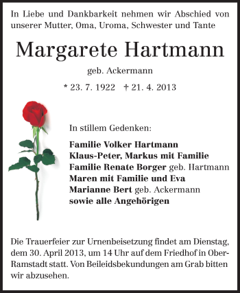 Traueranzeige von Margarete Hartmann von Echo-Zeitungen (Gesamtausgabe)
