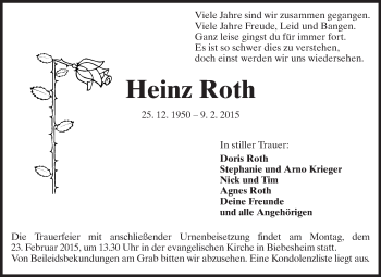 Traueranzeige von Heinz Roth von Rüsselsheimer Echo, Groß-Gerauer-Echo, Ried Echo