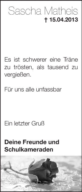 Traueranzeige von Sascha Matheis von Rüsselsheimer Echo, Groß-Gerauer-Echo, Ried Echo