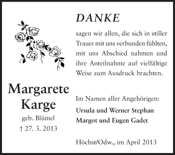 Traueranzeige von Margarete Karge von Odenwälder Echo