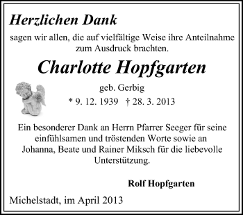 Traueranzeige von Charlotte Hopfgarten von Odenwälder Echo