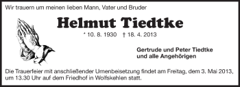 Traueranzeige von Helmut Thiedtke von Rüsselsheimer Echo, Groß-Gerauer-Echo, Ried Echo