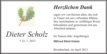 Traueranzeige von Dieter Scholz von Odenwälder Echo