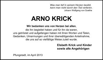 Traueranzeige von Arno Krick von Echo-Zeitungen (Gesamtausgabe)