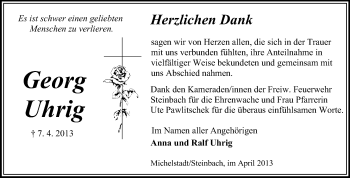 Traueranzeige von Georg Uhrig von Odenwälder Echo
