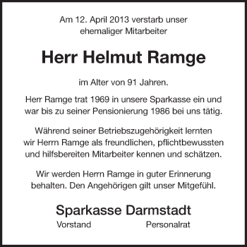 Traueranzeige von Helmut Ramge von Echo-Zeitungen (Gesamtausgabe)