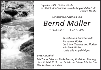 Traueranzeige von Bernd Müller von Echo-Zeitungen (Gesamtausgabe)