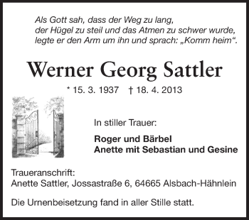 Traueranzeige von Werner Georg Sattler von Echo-Zeitungen (Gesamtausgabe)