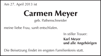 Traueranzeige von Carmen Meyer von Echo-Zeitungen (Gesamtausgabe)
