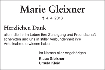 Traueranzeige von Marie Gleixner von Echo-Zeitungen (Gesamtausgabe)