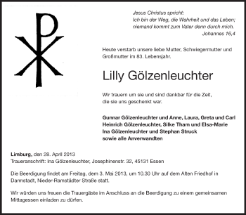 Traueranzeige von Lilly Gölzenleuchter von Darmstädter Echo, Odenwälder Echo, Rüsselsheimer Echo, Groß-Gerauer-Echo, Ried Echo