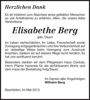 Traueranzeige von Elisabethe Berg von Odenwälder Echo