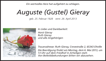 Traueranzeige von Auguste Gieray von Echo-Zeitungen (Gesamtausgabe)