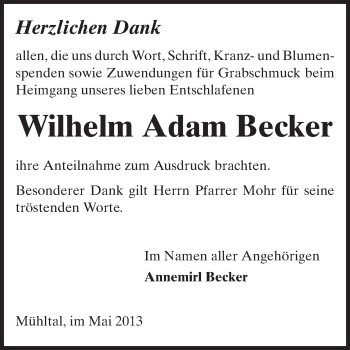 Traueranzeige von Wilhelm Adam Becker von Echo-Zeitungen (Gesamtausgabe)