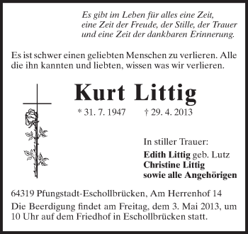 Traueranzeige von Kurt Littig von Echo-Zeitungen (Gesamtausgabe)