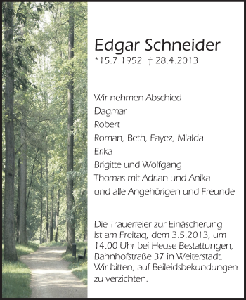 Traueranzeige von Edgar Schneider von Echo-Zeitungen (Gesamtausgabe)