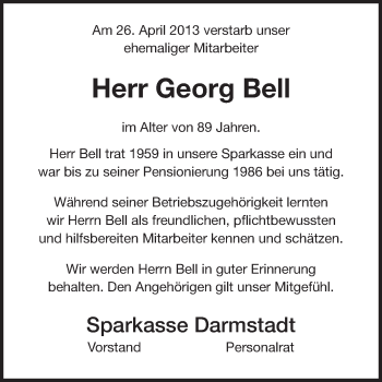 Traueranzeige von Georg Bell von Darmstädter Echo, Odenwälder Echo, Rüsselsheimer Echo, Groß-Gerauer-Echo, Ried Echo