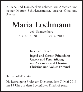 Traueranzeige von Maria Lochmann von Echo-Zeitungen (Gesamtausgabe)