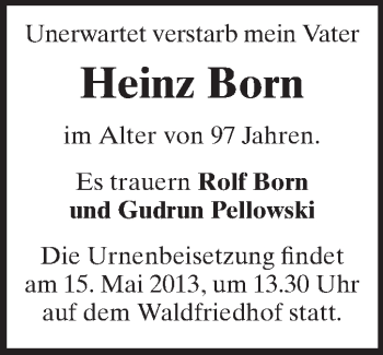 Traueranzeige von Heinz Born von Echo-Zeitungen (Gesamtausgabe)
