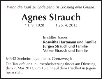 Traueranzeige von Agnes Strauch von Echo-Zeitungen (Gesamtausgabe)
