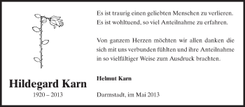 Traueranzeige von Hildegard Karn von Echo-Zeitungen (Gesamtausgabe)