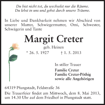 Traueranzeige von Margit Creter von Echo-Zeitungen (Gesamtausgabe)