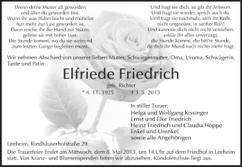 Traueranzeige von Elfriede Friedrich von Rüsselsheimer Echo, Groß-Gerauer-Echo, Ried Echo