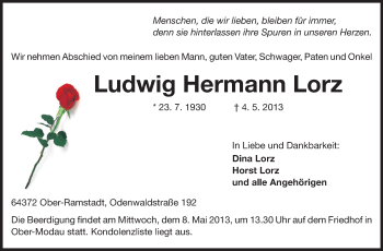 Traueranzeige von Ludwig Hermann Lorz von Darmstädter Echo, Odenwälder Echo, Rüsselsheimer Echo, Groß-Gerauer-Echo, Ried Echo