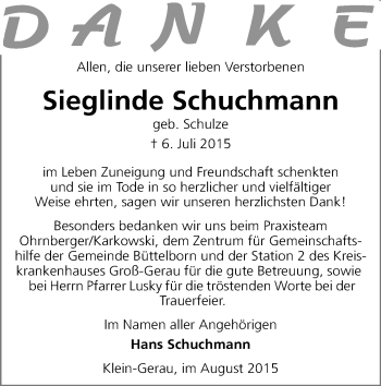 Traueranzeige von Sieglinde Schuchmann von trauer.echo-online.de