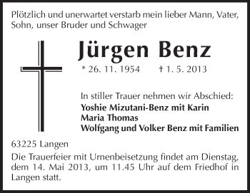 Traueranzeige von Jürgen Benz von Rüsselsheimer Echo, Groß-Gerauer-Echo, Ried Echo