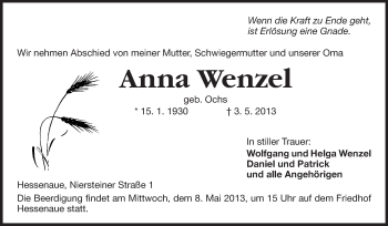 Traueranzeige von Anna Wenzel von Rüsselsheimer Echo, Groß-Gerauer-Echo, Ried Echo