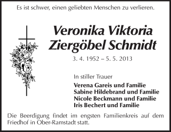 Traueranzeige von Veronika Viktoria Ziergöbel Schmidt von Echo-Zeitungen (Gesamtausgabe)