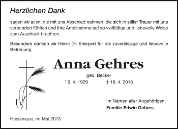 Traueranzeige von Anna Gehres von Rüsselsheimer Echo, Groß-Gerauer-Echo, Ried Echo