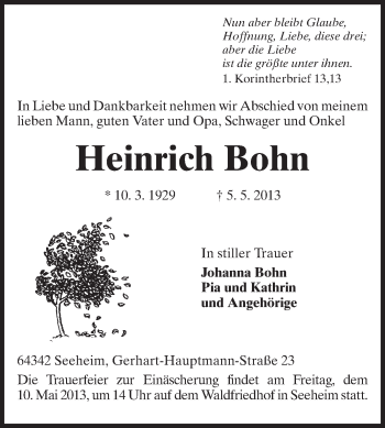 Traueranzeige von Heinrich Bohn von Echo-Zeitungen (Gesamtausgabe)