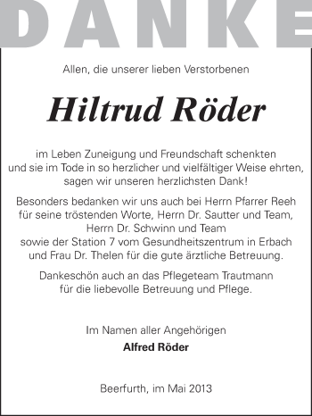 Traueranzeige von Hiltrud Röder von Echo-Zeitungen (Gesamtausgabe)
