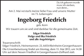 Traueranzeige von Ingeborg Friedrich von Echo-Zeitungen (Gesamtausgabe)