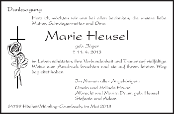 Traueranzeige von Marie Heusel von Odenwälder Echo