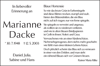 Traueranzeige von Marianne Dacke von Echo-Zeitungen (Gesamtausgabe)