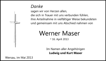 Traueranzeige von Werner Maser von Echo-Zeitungen (Gesamtausgabe)