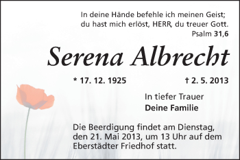 Traueranzeige von Serena Albrecht von Echo-Zeitungen (Gesamtausgabe)