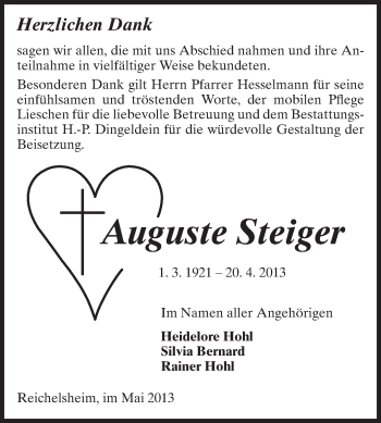 Traueranzeige von Auguste Steiger von Odenwälder Echo