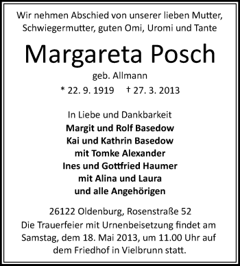 Traueranzeige von Margareta Posch von Echo-Zeitungen (Gesamtausgabe)