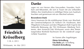 Traueranzeige von Friedrich Kröselberg von Echo-Zeitungen (Gesamtausgabe)