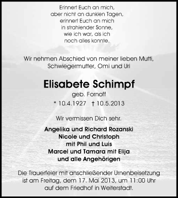Traueranzeige von Elisabeth Schimpf von Echo-Zeitungen (Gesamtausgabe)
