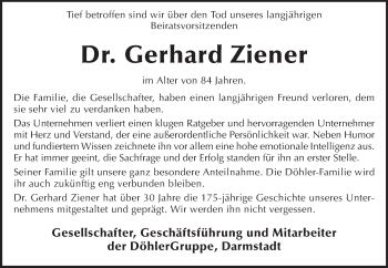 Traueranzeige von Gerhard Ziener von Echo-Zeitungen (Gesamtausgabe)
