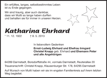 Traueranzeige von Katharina Ehrhard von Echo-Zeitungen (Gesamtausgabe)