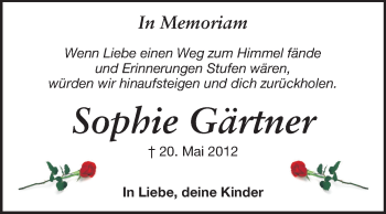 Traueranzeige von Sophie Gärtner von Echo-Zeitungen (Gesamtausgabe)