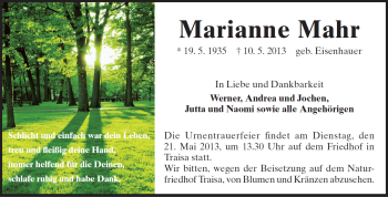 Traueranzeige von Marianne Mahr von Darmstädter Echo
