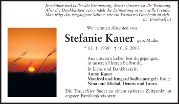 Traueranzeige von Stefanie Kauer von Rüsselsheimer Echo, Groß-Gerauer-Echo, Ried Echo
