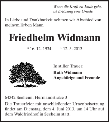 Traueranzeige von Friedhelm Widmann von Echo-Zeitungen (Gesamtausgabe)